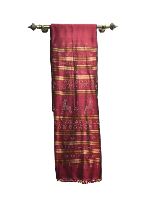 Tangaliya Silk Cotton Saree with Dotted Deer & Floral Motif – Maroon