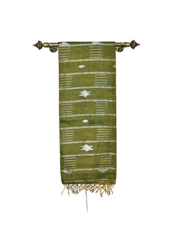 Handwoven Tissue Linen Jamdani Saree – Olive Green & Silver