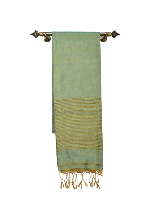 Tissue Linen Saree with Golden Inchi Zari Border – Aqua Green