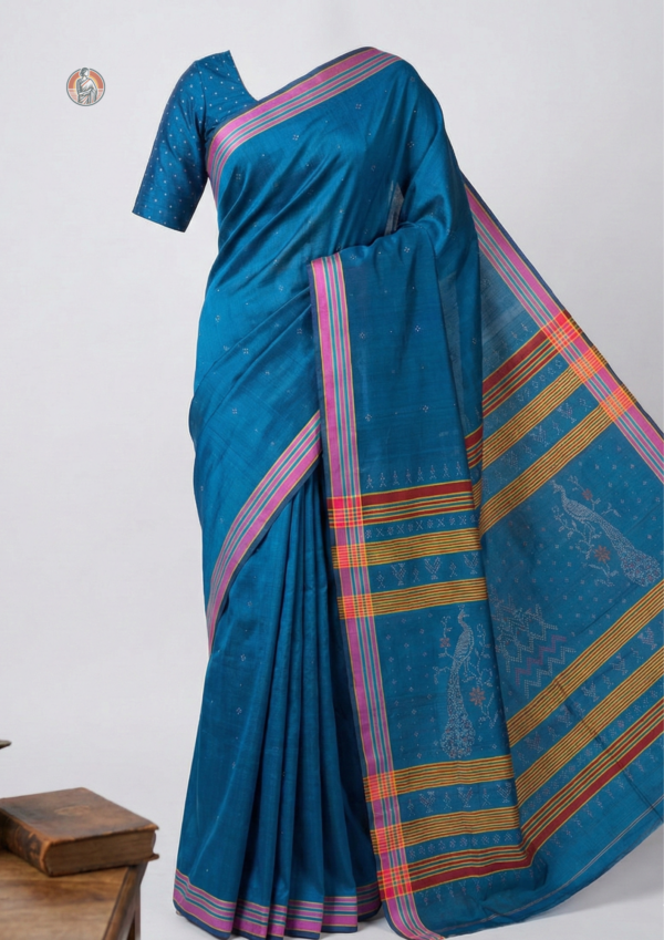 Tangaliya Dotted Peacock Motif Handwoven Cotton Saree – Teal Blue