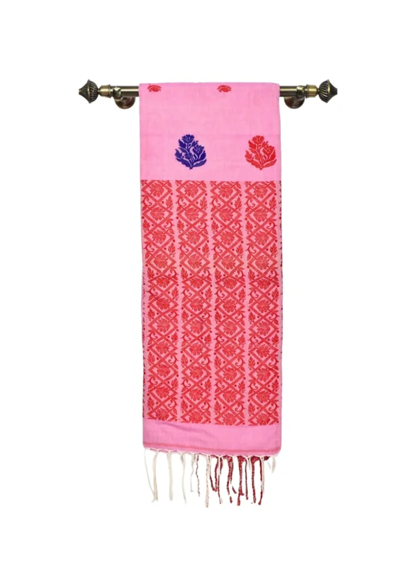 Masrize Khadi Cotton Jamdani Saree – Pink with Red and Indigo Motifs
