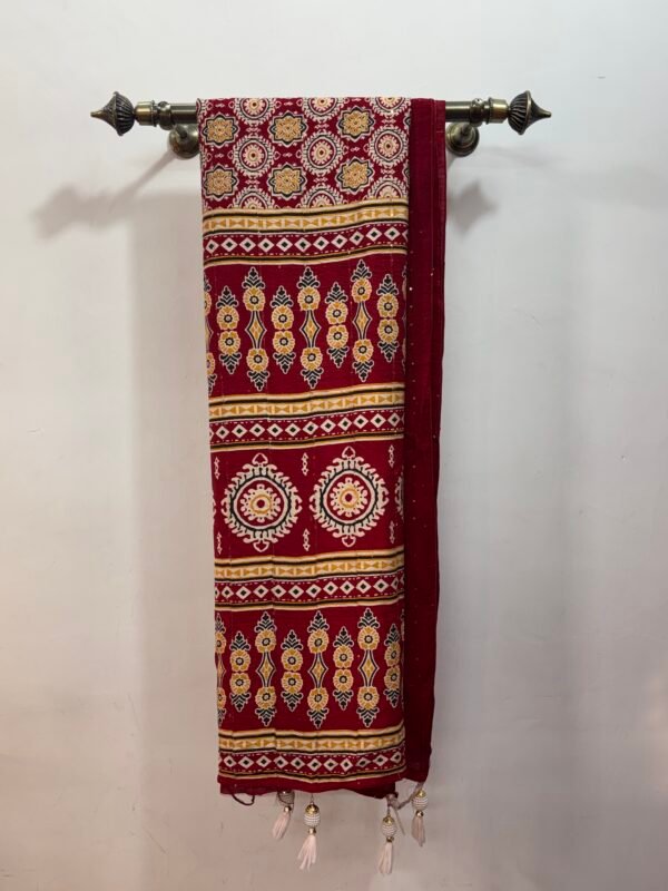 Crimson Red Mul Cotton Saree with Block Print & Sequin Highlights