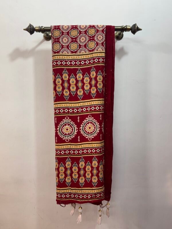 Crimson Red Mul Cotton Saree with Block Print & Sequin Highlights