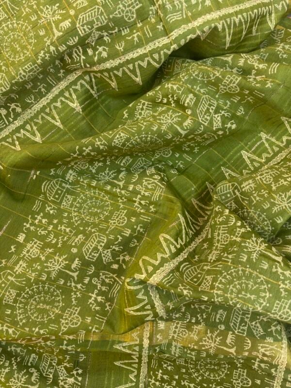 Bhagalpuri Warli Art Block Print Saree – Silk & Viscose Khaddi Weave (With Blouse)