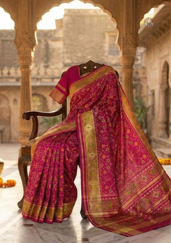 Pink Single Ikkat Patola Saree in Mulberry Silk with Traditional Geometric Motifs