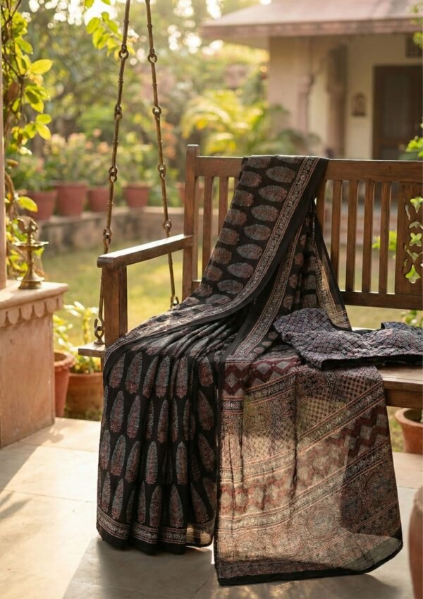 Pure Modal Silk Ajrakh Saree in Black with Traditional Leaf Motif Block Print