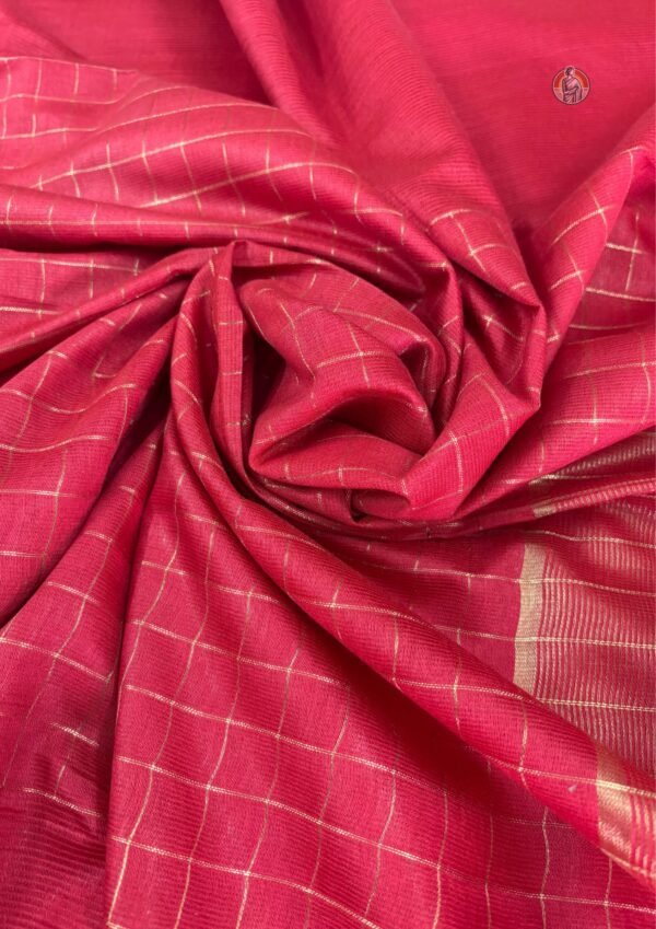 Bhagalpuri Khaddi Woven Saree in Red with Fine Check Pattern and Golden Border with Blouse