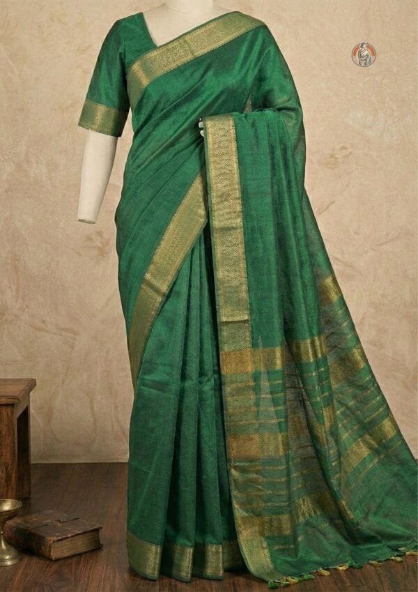 Bhagalpuri Silk Saree in Green with Woven Border, Striped Pallu and Blouse