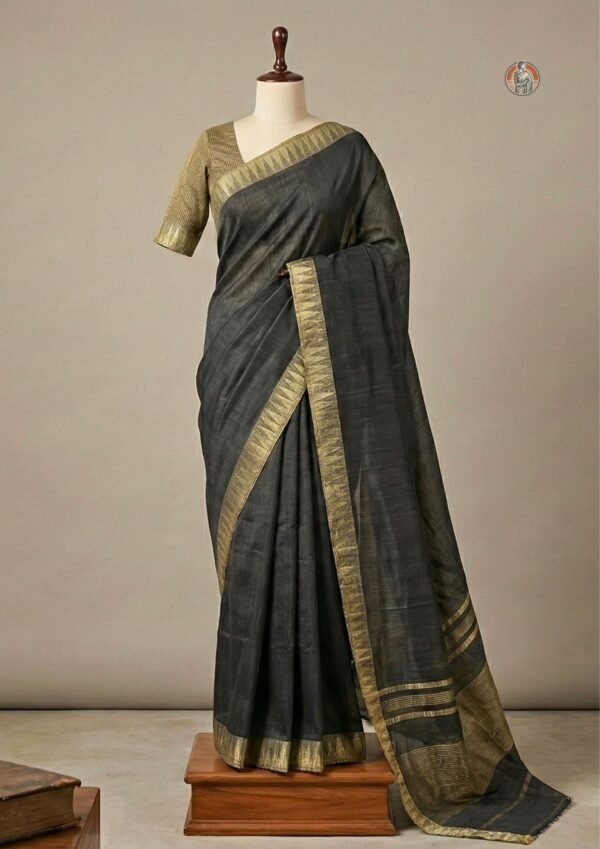 Bhagalpuri Temple Border Saree with Fine Stripe Pallu | Black & Gold Colour | With Blouse