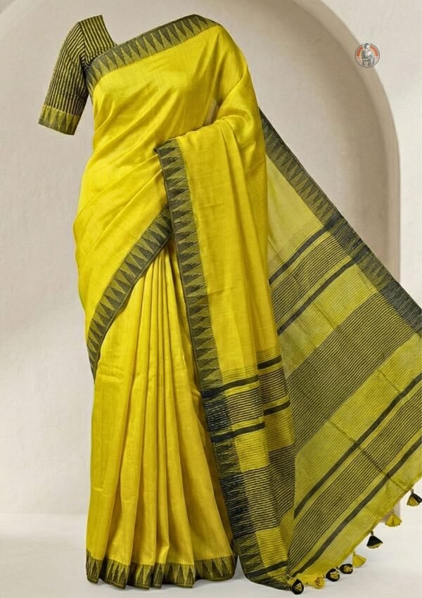 Bhagalpuri Temple Border Yellow Black Stripe Khaddi Woven Silk Saree with Blouse