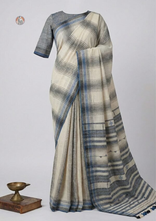 Bhujodi Kala Cotton Handwoven Saree with Classic Stripe Pattern | Natural Off-White Base | With Blouse
