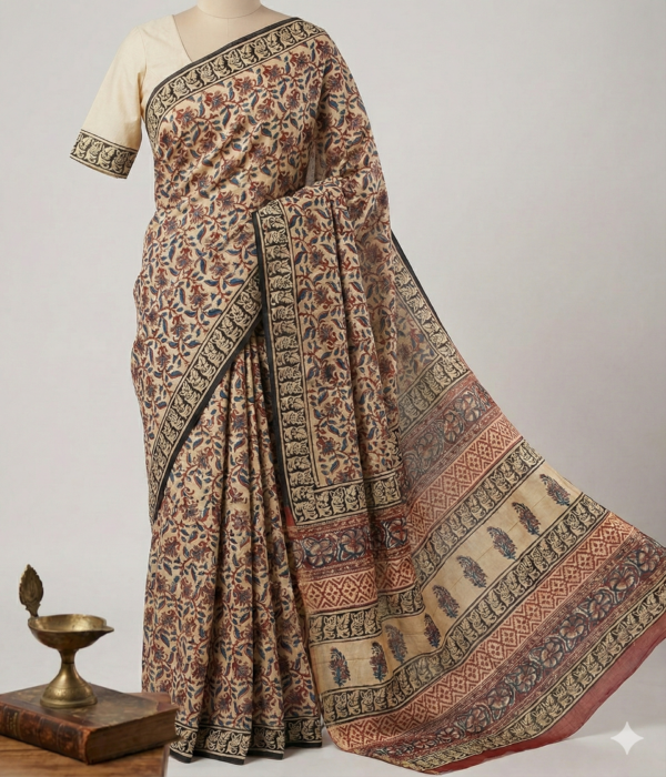 Chanderi Cotton Silk Kalamkari Saree with Hand Block Printed Floral Vine Pattern | Beige Base