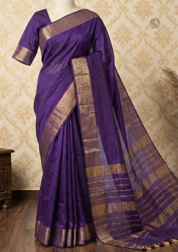 Bhagalpuri Handloom Saree with Stripe Pallu and Classic Border