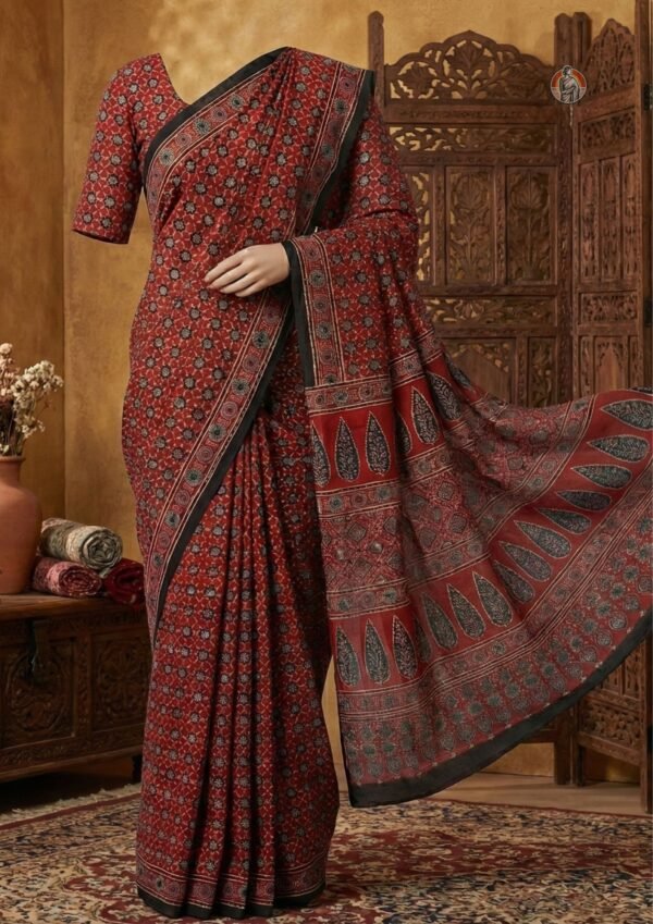 Modal Silk Ajrak Print Saree with Traditional Geometric & Leaf Motifs | Rust Red Base | With Blouse