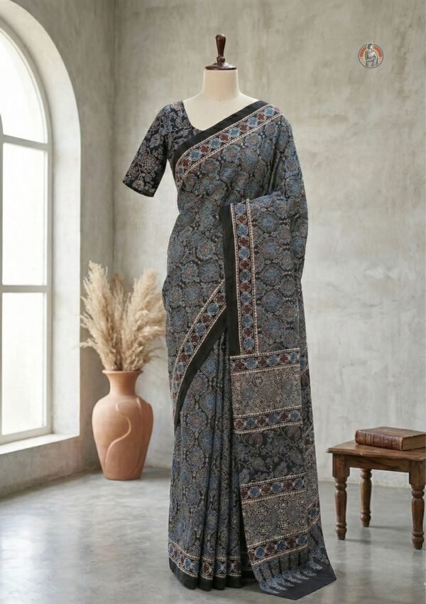 Modal Silk Ajrak Printed Saree with Geometric Pattern | Black Base | With Blouse