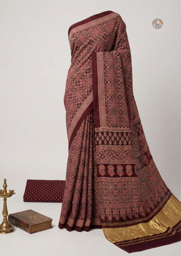 Modal Silk Ajrak Printed Saree with Lagdi Patta Pallu | Wine Maroon Colour | With Blouse