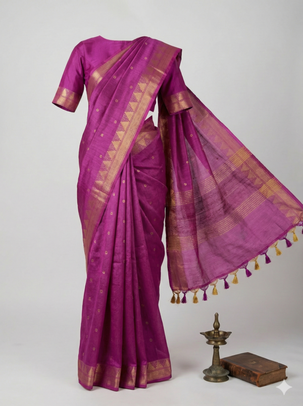 Muga Silk Saree in Rani Pink with Gold Woven Border & Butti Motifs