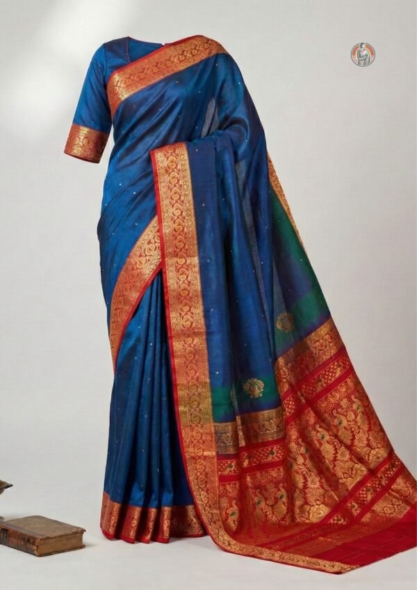 Pure Madurai Silk Saree with Small Buti Body and Contrast Pallu | Blue & Red Colour | With Blouse