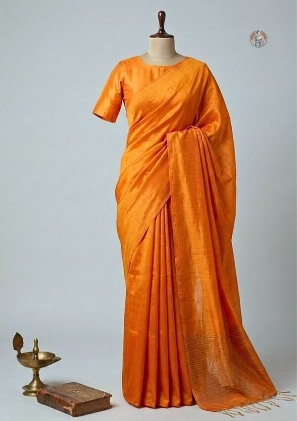 Bengal Weaves Khaddi Woven Tissue Linen Saree in Deep Orange with Striped Pallu | with Blouse