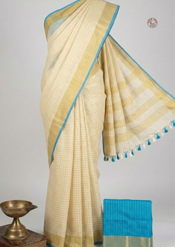 Bhagalpuri Khaddi Woven Linen Saree in Off-White with Beige Checks and Sky Blue Border with Blouse