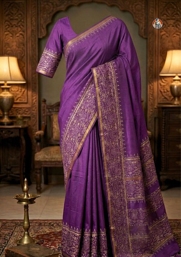 Bhagalpuri Warli Art Block Print Saree in Purple with Khaddi Weave (With Blouse)
