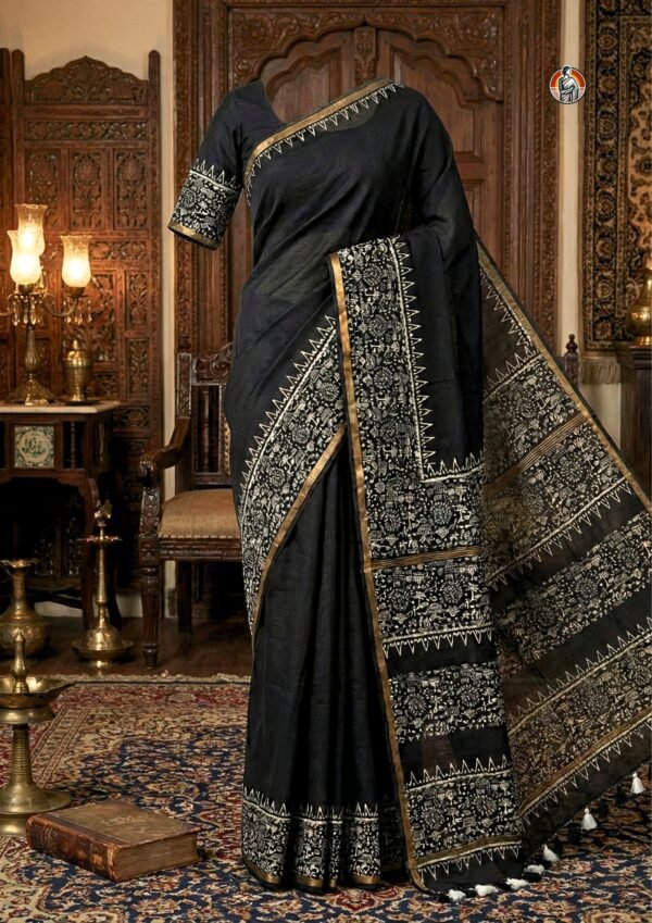 Black Bhagalpuri Warli Art Khaddi Woven Silk Viscose Saree with Blouse (6.5 Meter)