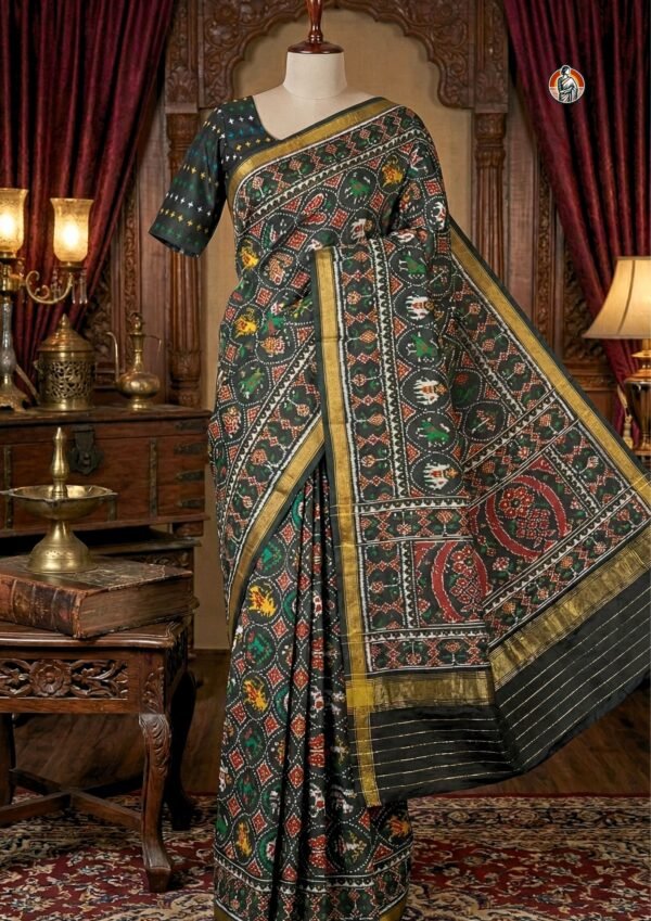 Black Patola Mulberry Silk Saree with Traditional Elephant & Parrot Motifs and Golden Zari Border – With Blouse (6.5 Meters)