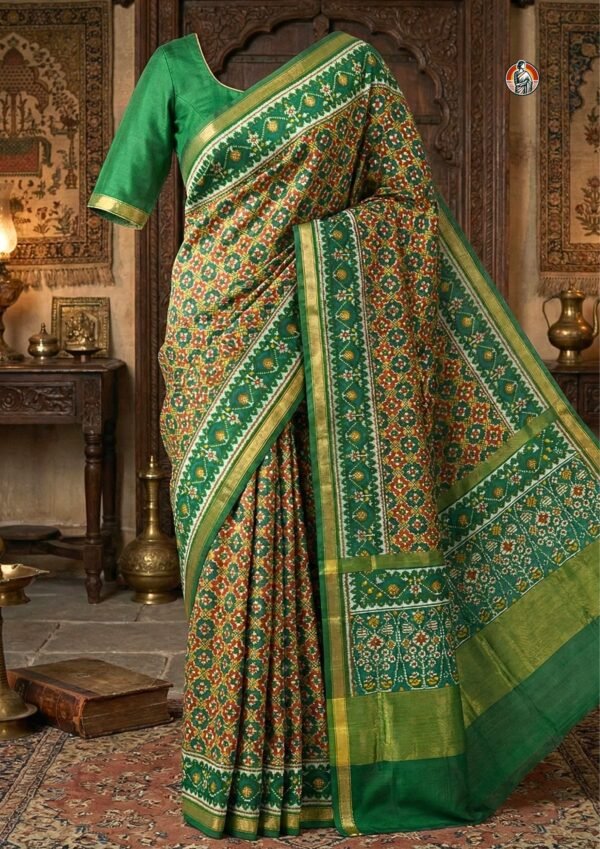 Green Mulberry Silk Patola Saree with Traditional Diamond Motif Weaving