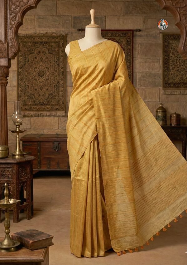 Handwoven Mustard Beige Bhagalpuri Silk & Viscose Khaddi Saree with Tassel Pallu