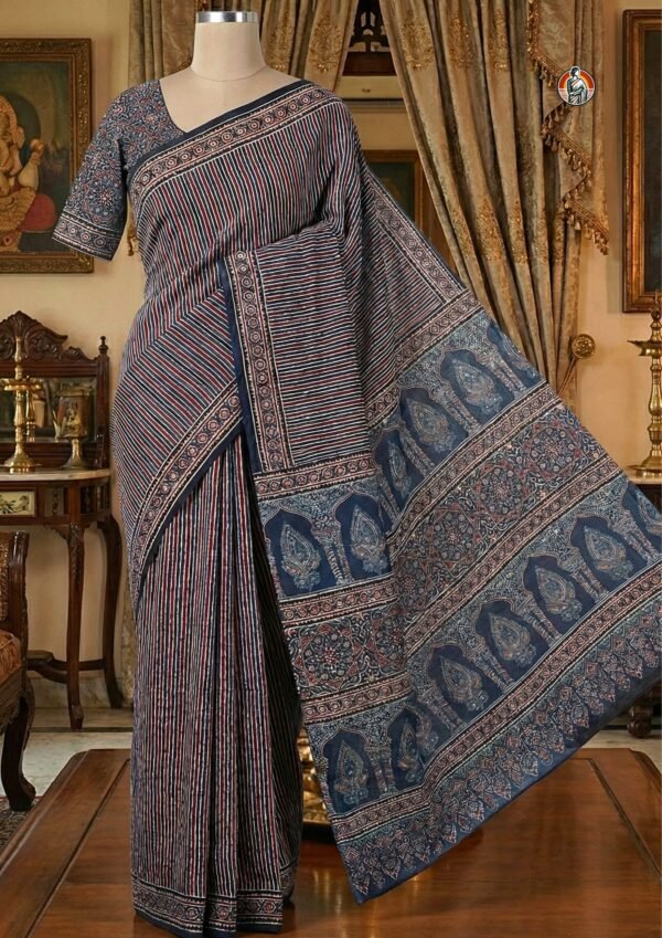 Modal Silk Ajrak Block Printed Saree in Deep Indigo Blue with Traditional Multicolor Geometric Floral Pallu