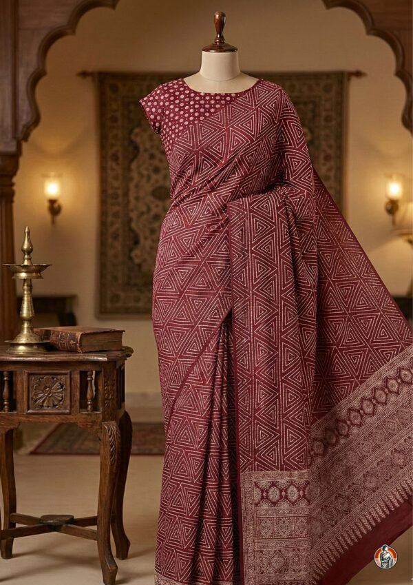 Mul Cotton Saree in Dark Maroon with Triangle Line Print and Matching Printed Blouse