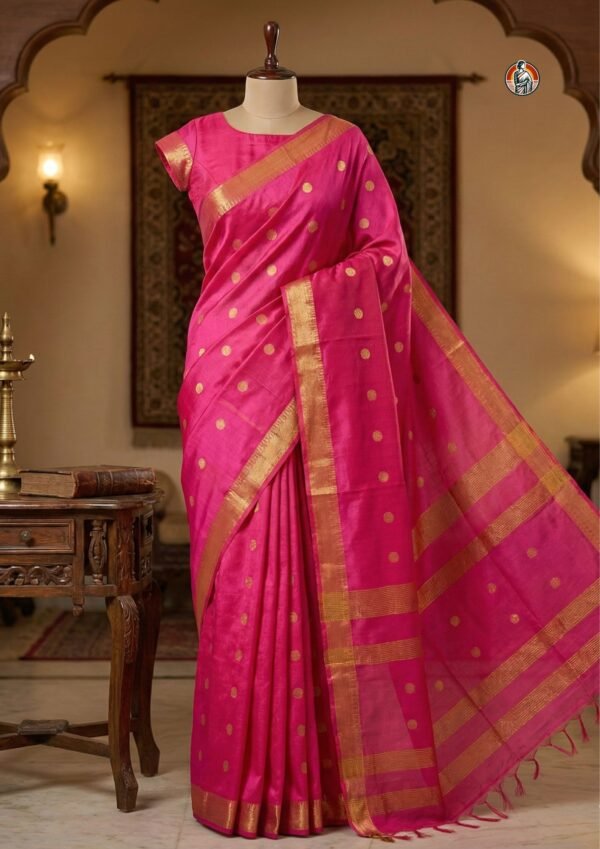 Rani Pink Bhagalpuri Semi Katan Silk & Viscose Saree with Golden Polka Dots and Tassels