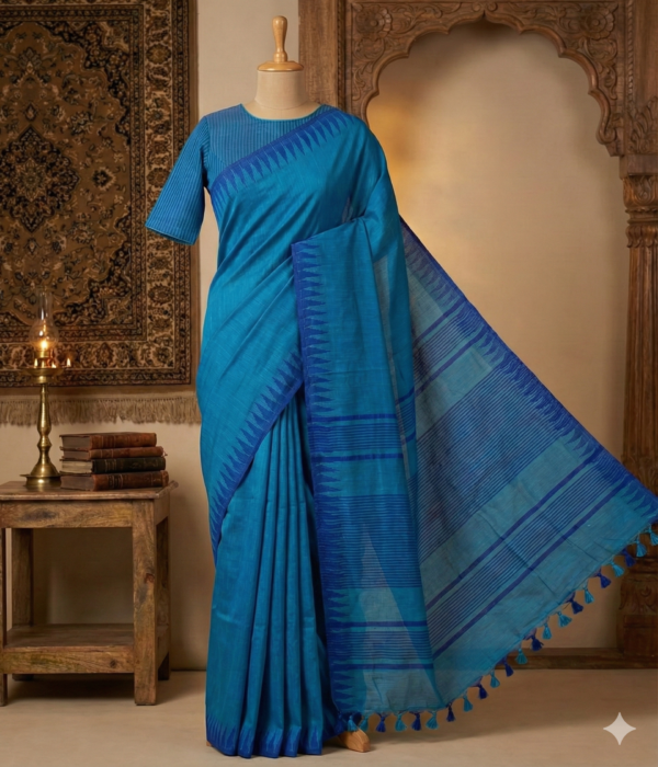 Teal Blue Bhagalpuri Silk Khaddi Woven Saree with Temple Border and Striped Pallu