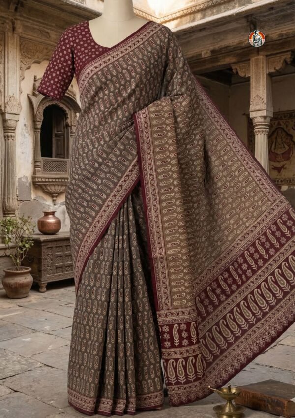 Beige & Maroon Mul Cotton Saree with Paisley Print, Traditional Border & Blouse (6.5 Meter)