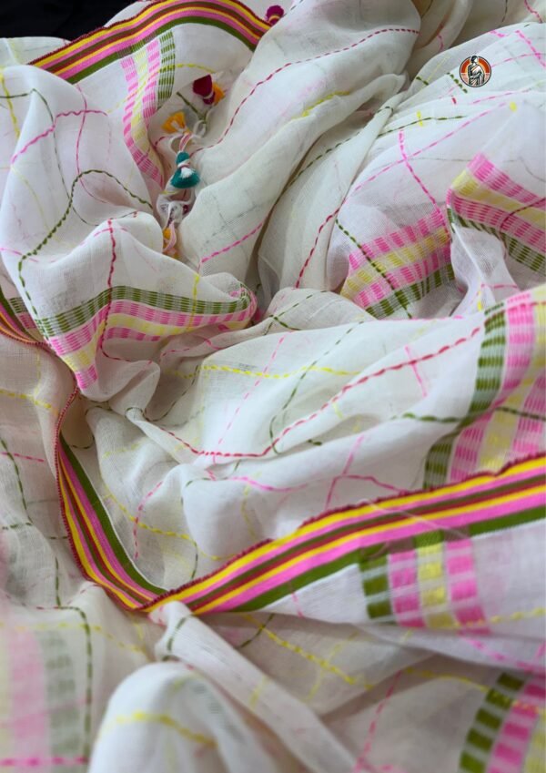 Off-White Handwoven Kantha Stitch Pure Cotton Saree with Multicolor Checks and Blouse (6.5 Meter)