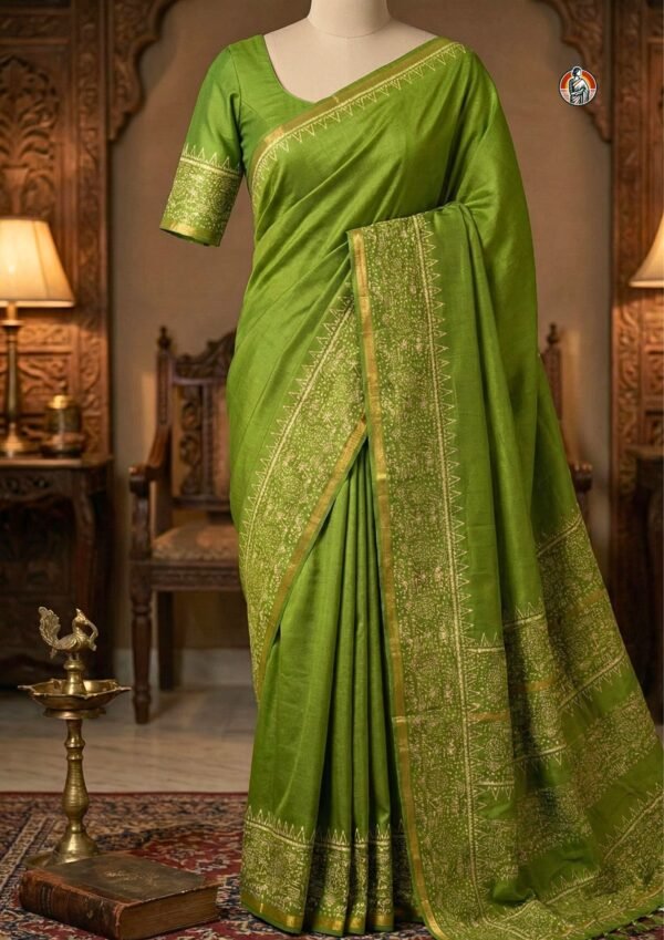 Lime Green Bhagalpuri Warli Art Block Print Khaddi Woven Silk Viscose Saree with Blouse (6.5 Meter)