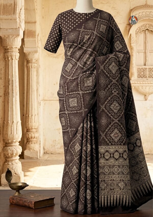 Black Bandhani Print Mul Cotton Saree with Traditional Pallu & Blouse (6.5 Meter)