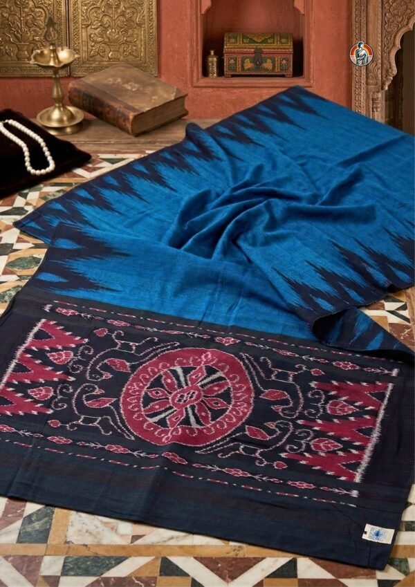 Blue & Black Sambalpuri Ikat Handloom Cotton Saree with Traditional Pallu