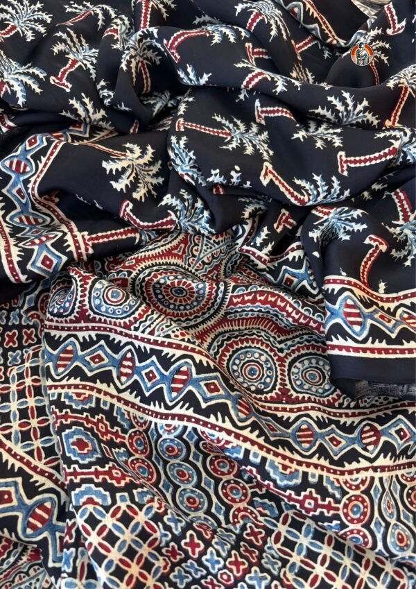 Midnight Black Ajrakh Block Print Modal Silk Saree with Palm Tree Motifs & Traditional Pallu (6.5 Meter with Blouse)