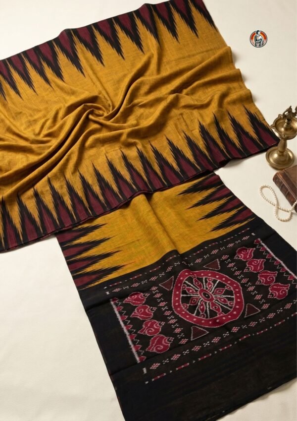 Sambalpuri Ikat Cotton Saree in Mustard Yellow with Black Borders & Traditional Pallu