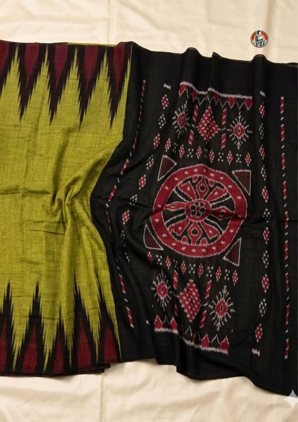 Mustard Yellow & Black Sambalpuri Ikat Handloom Cotton Saree with Traditional Pallu