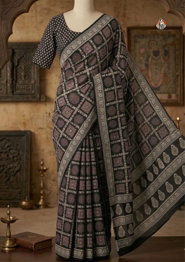 Black Mul Cotton Saree with Ivory Floral Buti, Traditional Printed Pallu and Blouse (6.5 Meter)