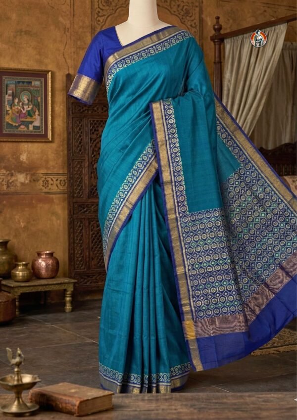 Royal Blue & Teal Single Ikat Patola Mulberry Silk Saree with Zari Border & Blouse (6.5 Meter)