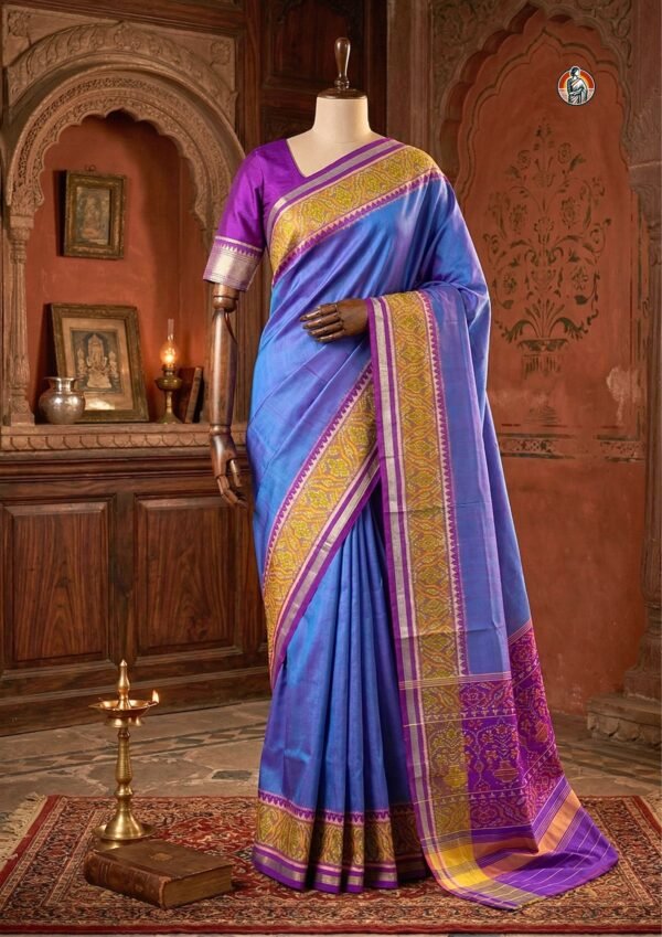 Royal Purple and Blue Patola Mulberry Silk Saree with Traditional Zari Border and Blouse (6.5 Meter)