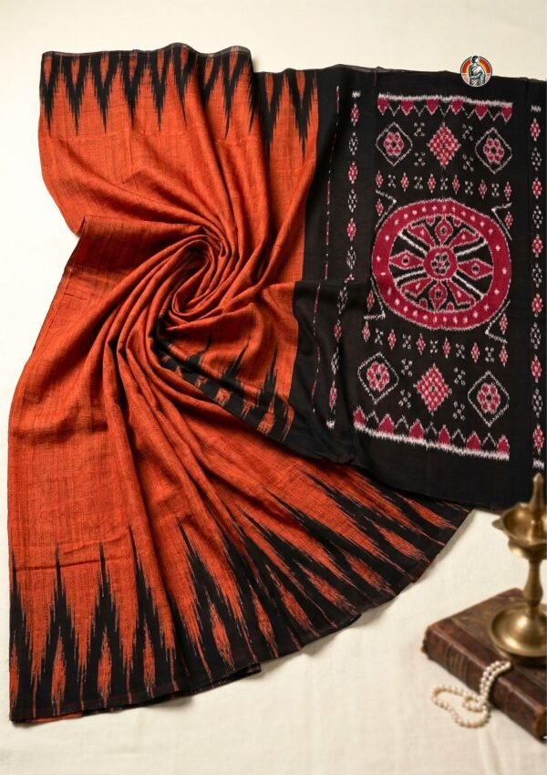 Rust Orange & Black Sambalpuri Ikat Handloom Cotton Saree with Traditional Pallu