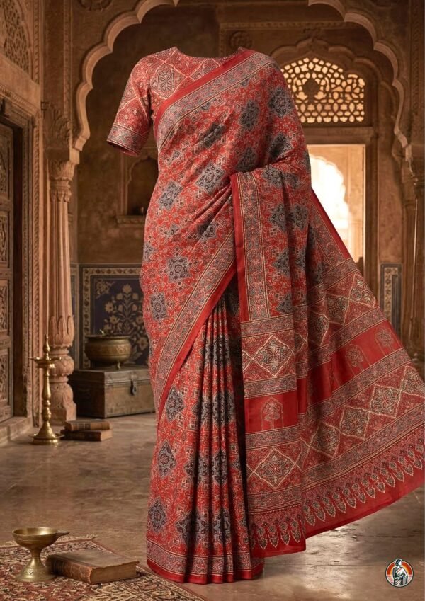Rust Red Ajrakh Block Print Modal Silk Saree with Traditional Pallu and Blouse (6.5 Meter)