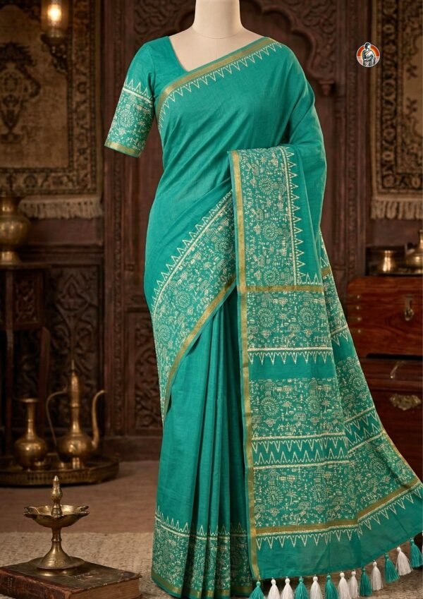 Sea Green Bhagalpuri Warli Art Block Print Khaddi Woven Silk Viscose Saree with Blouse (6.5 Meter)