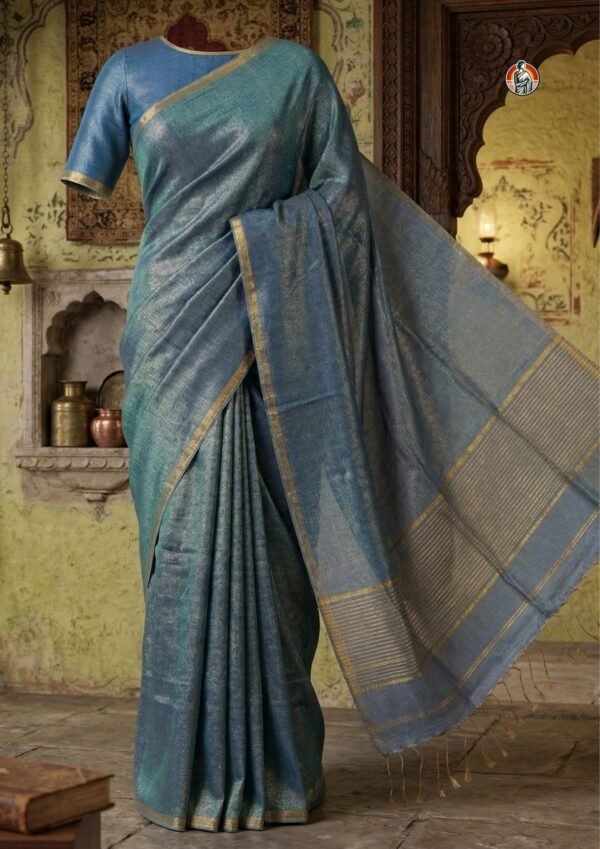 Sky Blue & Gold Dual Tone Bengal Weaves Tissue Linen Khaddi Saree with Zari Border & Blouse (6.5 Meter)