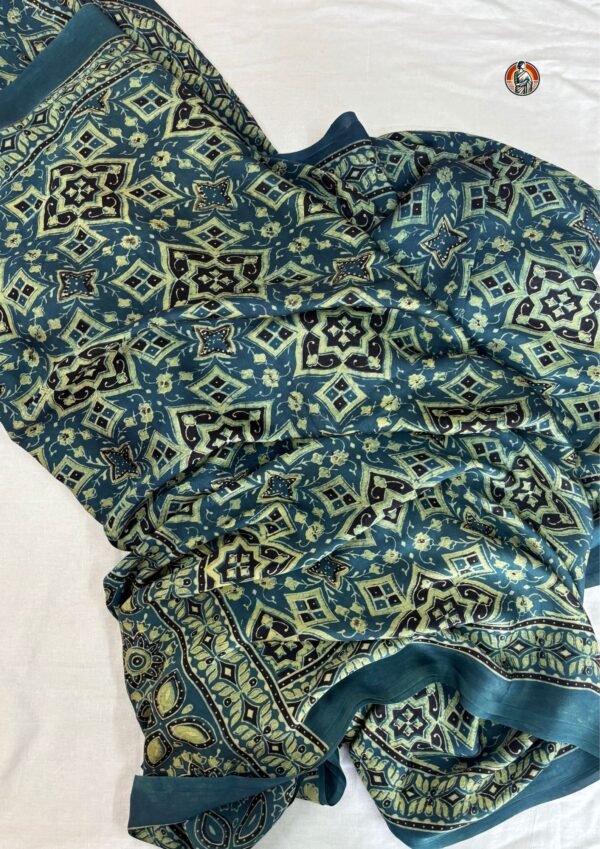 Teal Blue Ajrakh Block Print Modal Silk Saree with Traditional Pallu and Blouse (6.5 Meter)