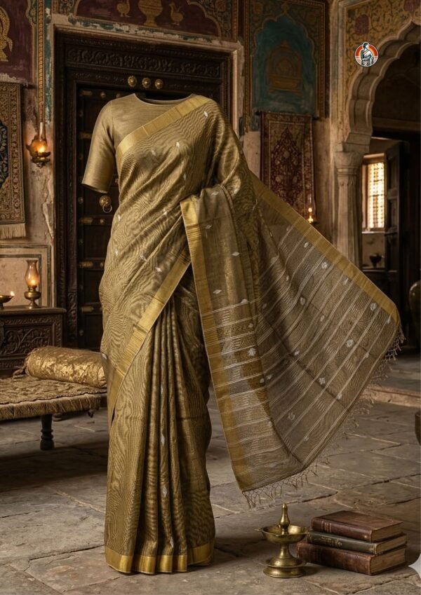 Handwoven Tissue Linen Jamdani Saree in Antique Gold Brown with Woven Motifs and Blouse (6.5 Meter)